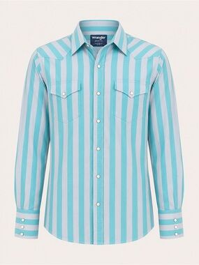 Vintage Wrangler Cowboy Cut Stripe Pearl Snap Western Shirt Aqua Gray 16-35 XLT